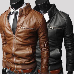 Veste en cuir PU marron pour homme, col montant, coupe ajustée, manches classiques, fermeture éclair, style motard, pour l'automne - Product Image 3