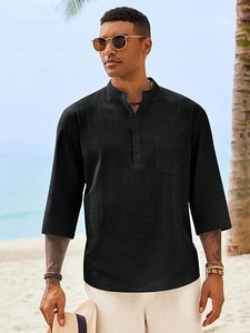 <b>Men's</b> Black <b>Henley</b> <b>Shirt</b> Solid Color Button Down Casual Style Woven Fabric Long Sleeve Top - Product Image 2