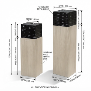 Paire d'encensoirs modernes pour le sol, avec de grands piliers texturés en bois et des couvercles carrés en métal noir perforé - Product Image 5