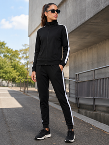 Ensemble de survêtement noir pour femme, vêtements de sport personnalisés, veste zippée, pantalon de jogging, tenue d'entraînement athlétique, vêtements de sport, vente en gros - Product Image 5