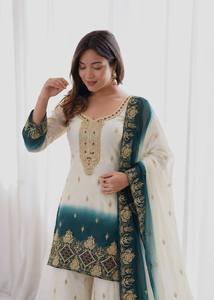 Ensemble Kurti Palazzo Dupatta brodé blanc et bleu sarcelle, coupe droite, tenue de soirée indienne - Product Image 2