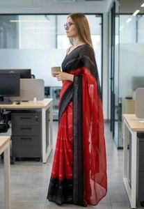 KV Embellished, Ombre, Dyed Bollywood Georgette <b>Saree</b> (Black, <b>Red</b>) - Product Image 6