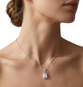 DEF Color VS VVS Clarity 1CT Lab Diamond Halo Engagement Cut Pendant Necklace 14K 18K Solid Gold Featuring Emerald and Round Cut - Product Image 4