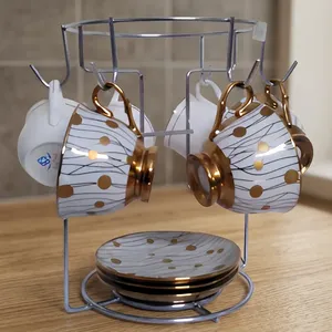 Metal Tea Cup & Saucer <b>Holder</b> <b>Stand</b> with 6 Hooks Decorative <b>Mug</b> Rack Organizer for Kitchen Countertop and Dining Table - Product Image 6