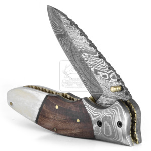Cuchillo Plegable de Caza de Acero de Damasco Hecho a Mano DD-FK-664 3mm con Madera de Nogal y Hueso de Camello, Punta de Gota, Herramienta Multiusos EDC para Bushcraft al Aire Libre - Product Image 5