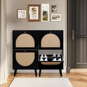 Scarpiera 54*24*98cm con telaio nero in legno truciolare originale e rattan sintetico, 2 contenitori ribaltabili e piedini alti - Product Image 2