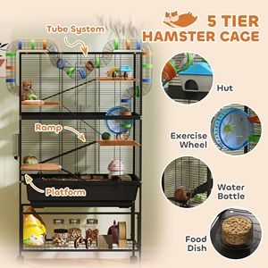Cage à rongeurs à 5 niveaux avec étagères de rangement, plateau profond, grande roue d'exercice et système de tubes, pour hamsters et autres animaux de compagnie - Product Image 5