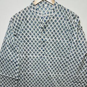 Kurta Corta de Manga Larga Azul Claro 100% Algodón de Alta Calidad para Hombre |   Kurta Étnica Informal Premium con Estampado Floral Hecho a Mano - Product Image 4