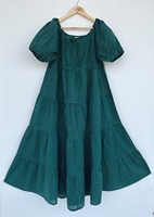 Robe longue trapèze en coton à pois verts, manches courtes, décontractée, coupe ample et fluide pour femme, fabricant en gros