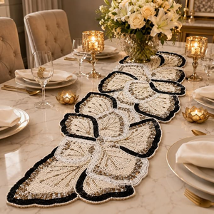 Handmade Beaded Floral <b>Table</b> <b>Runner</b> <b>Black</b> White Gold Sequin Embroidered Tablecloth for Home Decoration Cross-stitching & Needle - Product Image 1