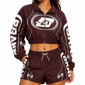 Custom Women's Cropped Windbreaker Shorts Set Lightweight Nylon Zip <b>Jackets</b> Private Label Fashion Windbreaker Hoodies Tracksuits - Product Image 4