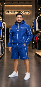 REXFIT SPORTS 2026 Ensemble court personnalisé en nylon bleu roi pour homme, veste coupe-vent à capuche et short, ensemble de vêtements de sport deux pièces, logo personnalisé - Product Image 3