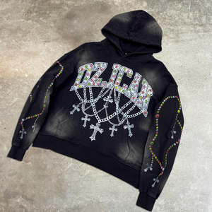 Sweat à capuche en molleton 100% coton délavé à l'acide, style streetwear vieilli, pour hommes, avec strass et designs personnalisés - Product Image 1