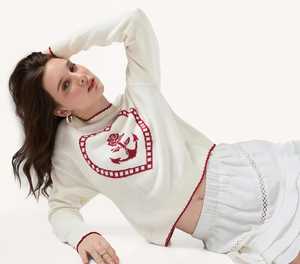 Pull d'hiver chaud en acrylique pour femme, décontracté, avec empiècements de couleur, col et ourlet à surpiqûres contrastées, blanc - Product Image 6