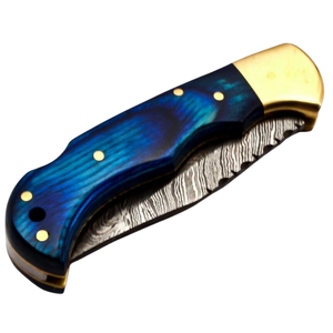 Cuchillos Plegables Hechos a Mano con Acero de Damasco, Mango de Madera Azul y Bolster de Latón, para Caza, Camping y Uso al Aire Libre - Product Image 3