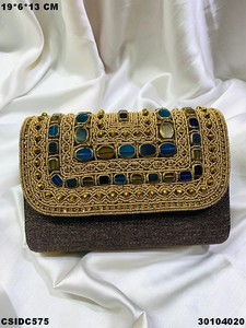 <b>Beaded</b> Clutch Evening Bag With Chain <b>Strap</b> Sparkling Ethnic Design For Party Bridal Use designer clutch purse with stone work - Product Image 1