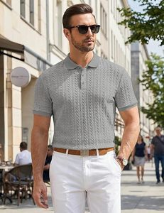 Camisa Polo Casual de Punto Texturizado para Hombre, Camisa de Golf Elástica de Manga Corta, Camisas con Cuello para Hombre para Vacaciones de Verano en la Playa - Product Image 3