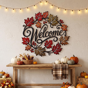 Guirlande d'Accueil d'Automne en Métal Vibrant avec des Feuilles d'Érable et des Baies Colorées, Décoration Murale Festive pour la Récolte de Thanksgiving - Product Image 1