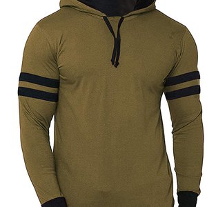 Sweat-shirt à capuche pour homme, vert olive, coupe ajustée, manches longues, pull en tricot décontracté avec rayures noires et poche - Product Image 6