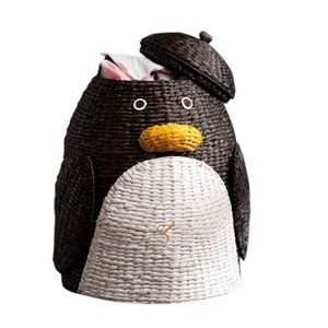 Penguin Water Hyacinth Storage <b>Basket</b> <b>with</b> <b>Lid</b> Woven Animal Toy Organizer Bin Kids Nursery Laundry Hamper Liner - Product Image 2