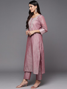 Pink Embroidered Silk Quick Dry Multi-Season <b>Kurta</b> Set Dupatta Regular Fit Knee Length Traditional Wear <b>Women</b> India Pakistan - Product Image 3