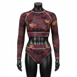 Conjunto de bikini de alta calidad de 185 GSM en poliéster y spandex, color burdeos, tejido elástico de punto acanalado, con estampado completo y logotipo transferido por calor, para mujer. - Product Image 1