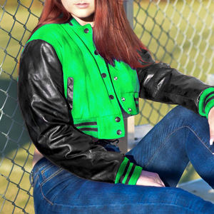 Veste courte universitaire pour femme, vert clair, style Letterman noir, manteau bomber, manches en similicuir, vêtement d'extérieur décontracté, mode féminine - Product Image 1