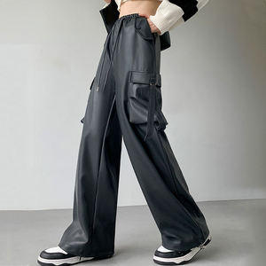 Plus Size Women's High Waist PU Coated Breathable <b>Cargo</b> <b>Pants</b> Solid Color Loose Fit Full Length Autumn Streetwear Style XL - Product Image 3