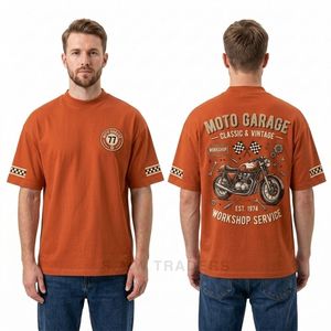 T-shirts à épaules tombantes orange avec imprimé graphique Moto Garage sur le dos, style vintage automobile streetwear - Product Image 3