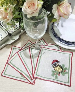 Serviettes de cocktail de Noël personnalisées brodées hibou, bordure rouge et verte, sous-verres en lin naturel réutilisables pour événements domestiques et bars – Vente en gros - Product Image 2