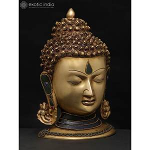 Sculpture en laiton de 9 pouces de tête de bouddha méditant avec travail d'incrustation complexe - Product Image 4