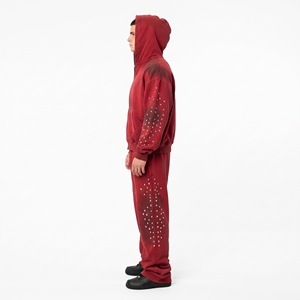 Men’s <b>Red</b> Rhinestone Embellished Tracksuit Set Zip Up <b>Hoodie</b> & Wide Leg Jogger Pants Streetwear Set - Product Image 2