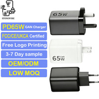 Chargeur GaN 65W PD avec prise US/UK/EU, 2 ports Type-C + USB-A, charge rapide multi-ports à basse température, certifié FCC CE UKCA pour appareil photo