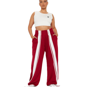 Pantalones Deportivos de Mujer con Rayas Rojas y Blancas, Corte Holgado, Casuales, con Bolsillos, de Algodón Tejido Transpirable, para Primavera, con Capucha - Product Image 1