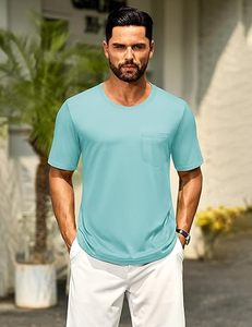 T-shirt pour homme à manches courtes, col rond, couleur unie, coupe classique, en coton, jersey décontracté, respirant, avec poche, toutes les couleurs - Product Image 2