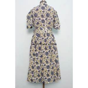 Vestido midi elegante para mujer, estampado a mano, 100% algodón indio, cómodo, de manga corta, con decoración de botones, ecológico - Product Image 6