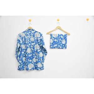 Conjunto de Pijama Azul 100% Algodón para Mujer, Estampado Floral a Mano, Manga Larga, Ropa de Dormir Tejida, Conjunto para Primavera e Invierno - Product Image 2