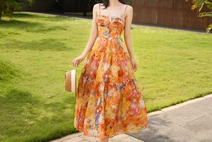 Luxury Chiffon Floral Print Tiered Maxi Dress with Spaghetti Strap Halter Neck. Sweet Summer Resort Wear & ODM Supply - Product Image 2