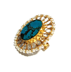 Natural Turquoise Gemstone Pearl Ring 925 Sterling Silver Plated Bohemian Style Oval Shape Handmade Vintage Jewelry <b>Women</b> - Product Image 2