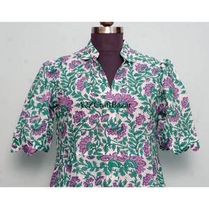 Robe midi florale Kangura pour femme, 100 % coton écologique, style Kangura, col en V, manches courtes, boutons décoratifs, lavable. - Product Image 2