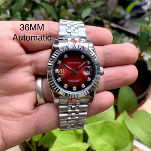 นาฬิกาอัตโนมัติคุณภาพสูงขนาด 36 มม. พร้อมฟังก์ชั่นวันที่ถาวร ขอบหน้าปัดแบบฟลูเต็ด หน้าปัดสีแดงประดับเพชร ตัวเรือนสแตนเลสสตีลแบบจูบิลี่ - Product Image 3
