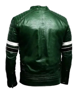 Veste de moto en cuir véritable vert pour homme, coupe ajustée, col montant, fermeture éclair intégrale, style motard avec plusieurs poches élégantes - Product Image 2