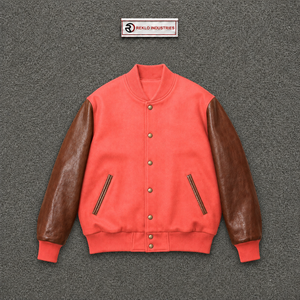 Chaqueta Varsity Personalizada de Satén, Color Rosa Coral, Mangas de Cuero Marrón, Chaqueta Bomber de Béisbol Premium, Moda Masculina, Estilo Universitario - Product Image 5