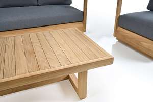 Ensemble de canapés d'extérieur en teck moderne avec coussins gris, mobilier de jardin minimaliste pour patio et bord de piscine - Product Image 5