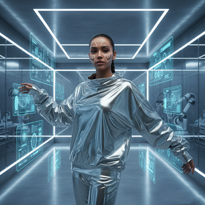 Sudadera Personalizada de Alta Gama con Efecto Metal Líquido Plateado para Mujer, Invierno/Otoño, 100% Algodón, Gruesa, Estilo Futurista y Tecnológico - Product Image 1