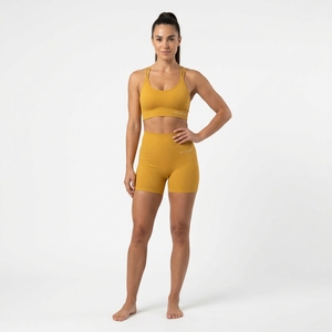 Ensemble de sport pour femme jaune moutarde côtelé : Soutien-gorge de sport et short cycliste taille haute pour yoga, gym, fitness et entraînement - Product Image 4