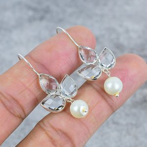 Pendientes de Plata de Ley 925 con Cristal de Cuarzo en Forma de Pera y Perla, con Alambre de Plata, Accesorio Moderno para Mujer para Uso Diario - Product Image 2