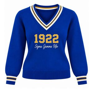 Suéter de punto personalizado para mujer con cuello en V, manga larga, diseño de letras con rayas acanaladas en contraste, ropa de punto informal a la moda. - Product Image 1