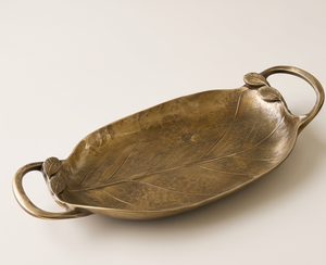 Luxury Nature Inspired Leaf Shaped Metal Serving <b>Tray</b> Antique <b>Gold</b> Platter With Handle Accents <b>Coffee</b> <b>Table</b> Centerpiece Bulk - Product Image 1