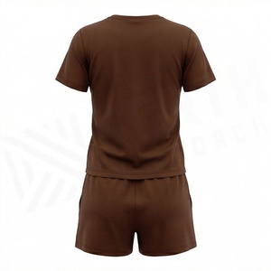 Ensemble 2 pièces pour femme, t-shirt sport marron uni à manches courtes et short au-dessus du genou, col rond, séchage rapide, polyester tricoté - Product Image 2